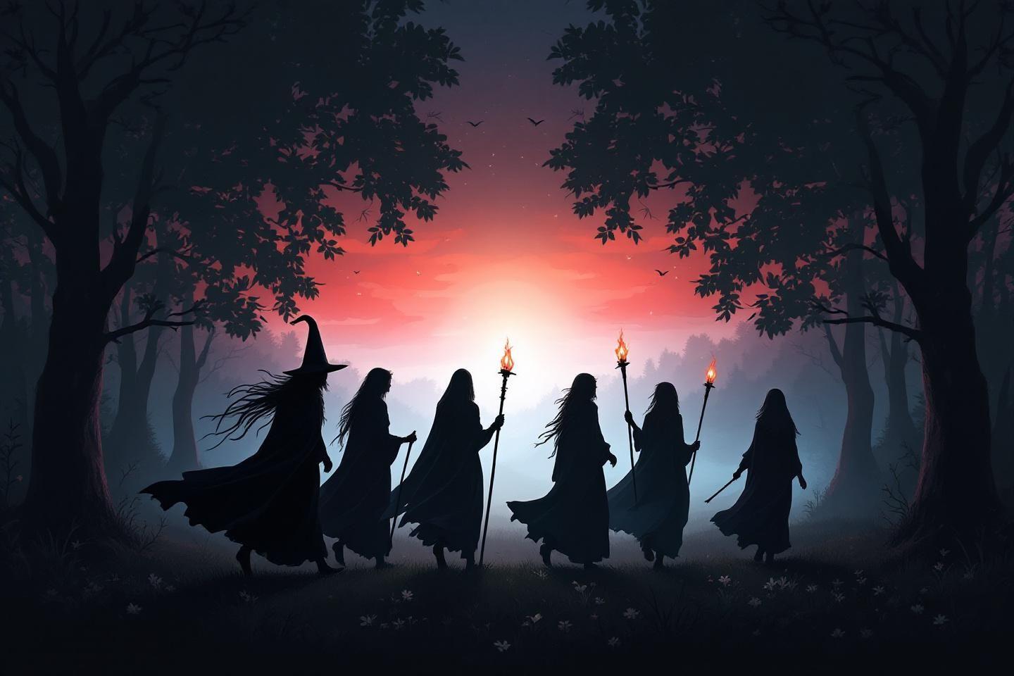 Six silhouettes de sorcières dans une forêt sombre au crépuscule