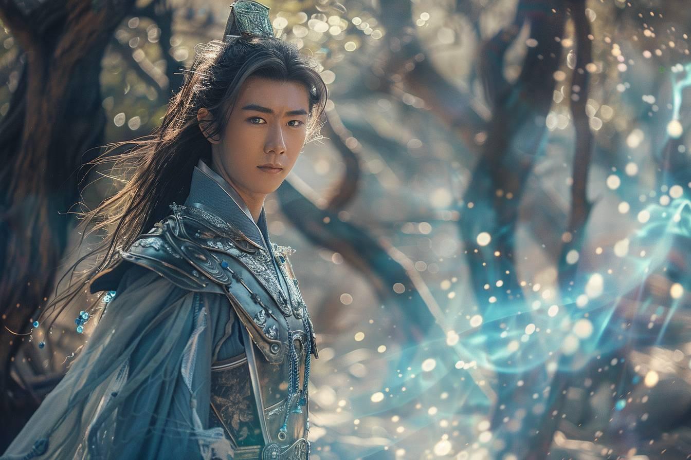 Portrait d'un guerrier asiatique en costume traditionnel dans une forêt enneigée