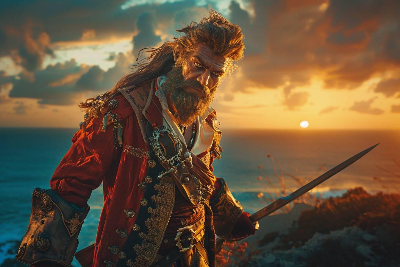 Portrait d'un personnage de pirate barbu dans une tenue colorée et ornementée, contre un ciel de coucher de soleil.