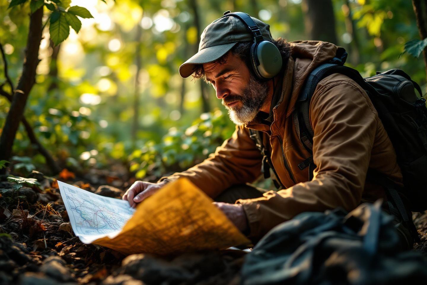 Homme à la carte en forêt avec casque