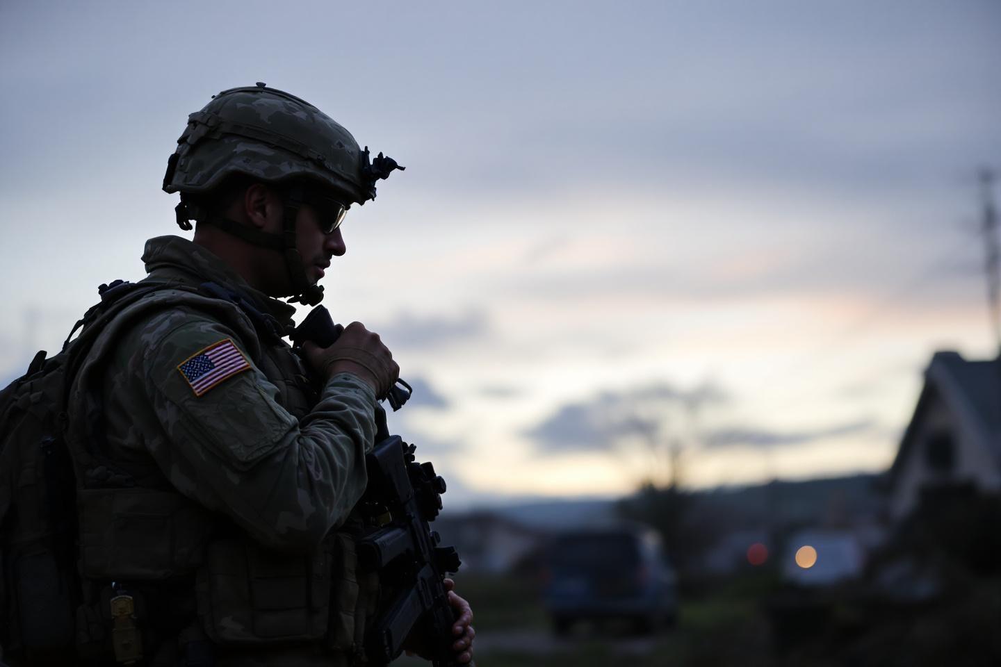 Militaire équipé, de profil, dans un environnement sombre et brumeux