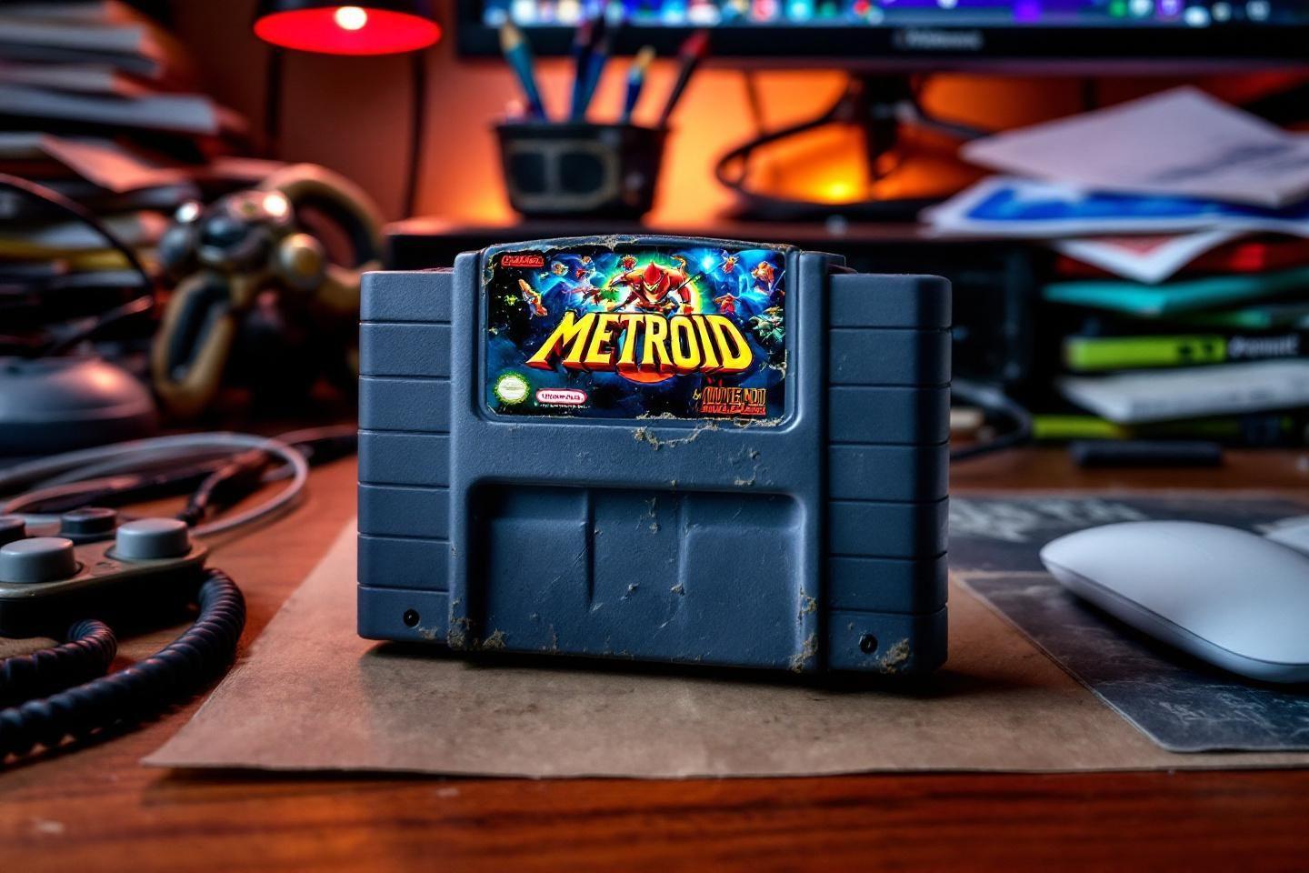 Cartouche grise de jeu Metroid sur bureau vintage