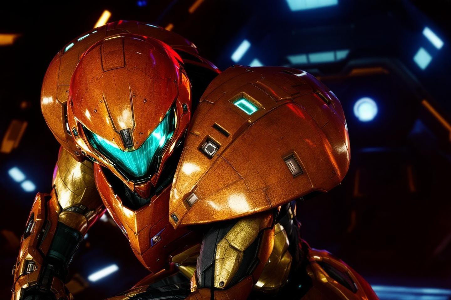 Armure métallique high-tech orange et dorée avec éclairage bleu-vert