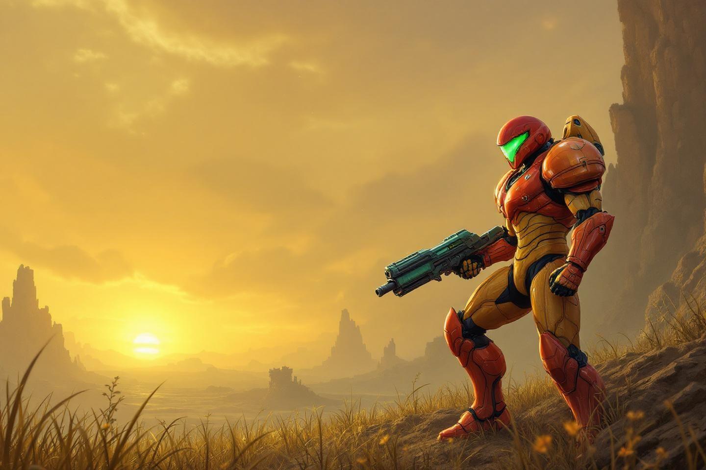Armored heroine with weapon facing distant rocky alien terrain