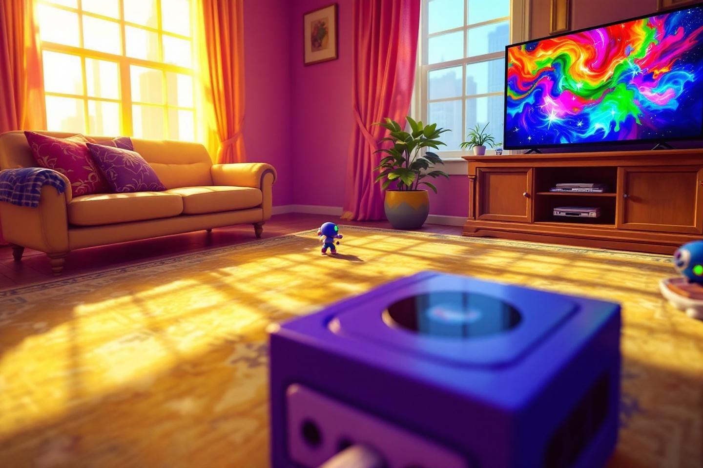 Console violette dans un salon ensoleillé avec écran multicolore
