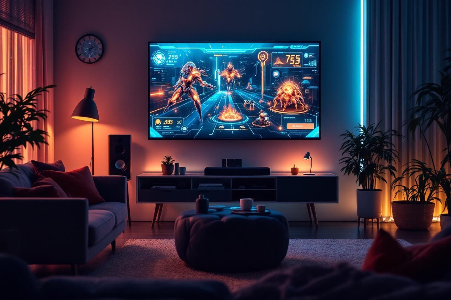 Écran de jeu sci-fi avec salon moderne et ambiance néon