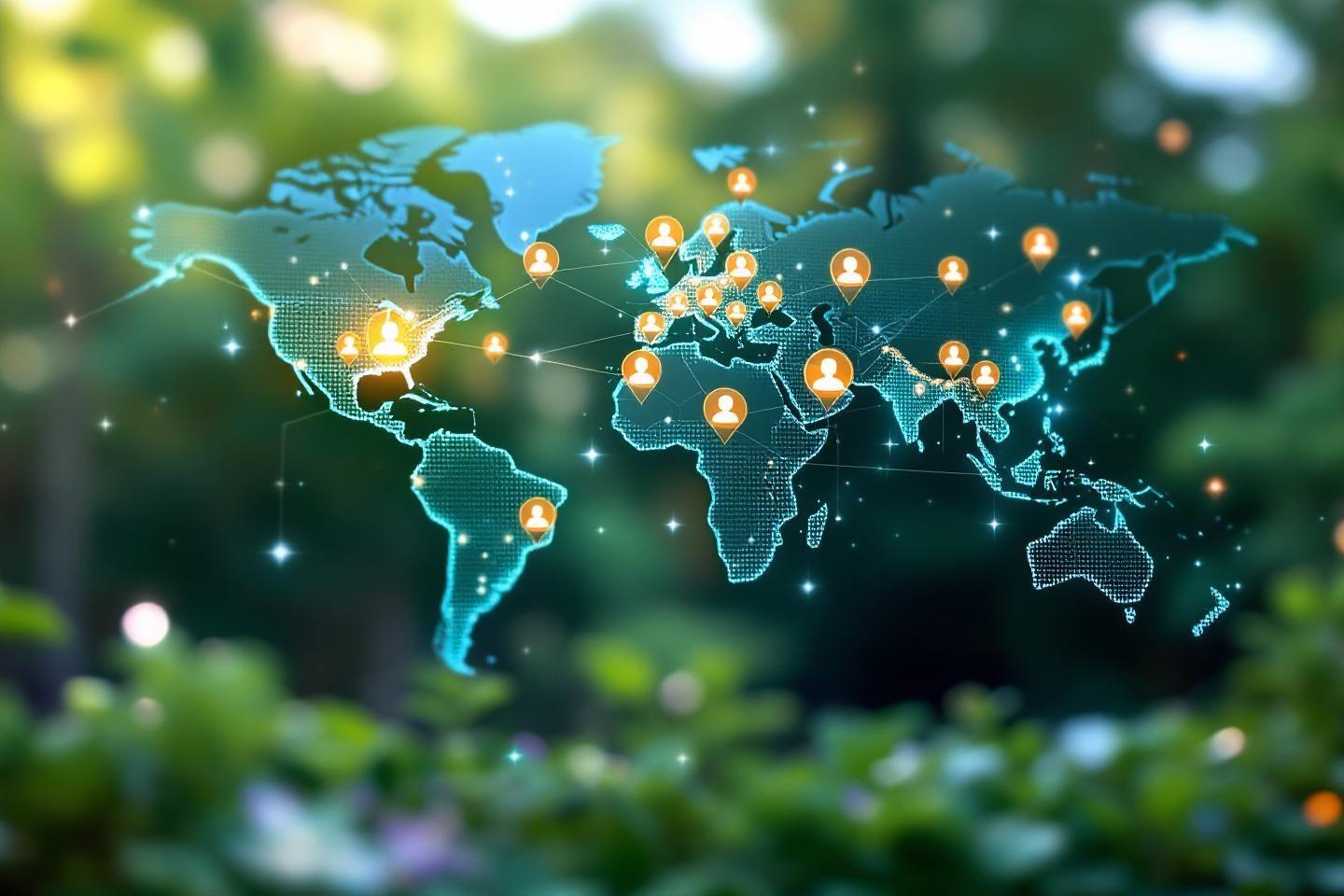 Carte du monde numérique avec points lumineux de connexion