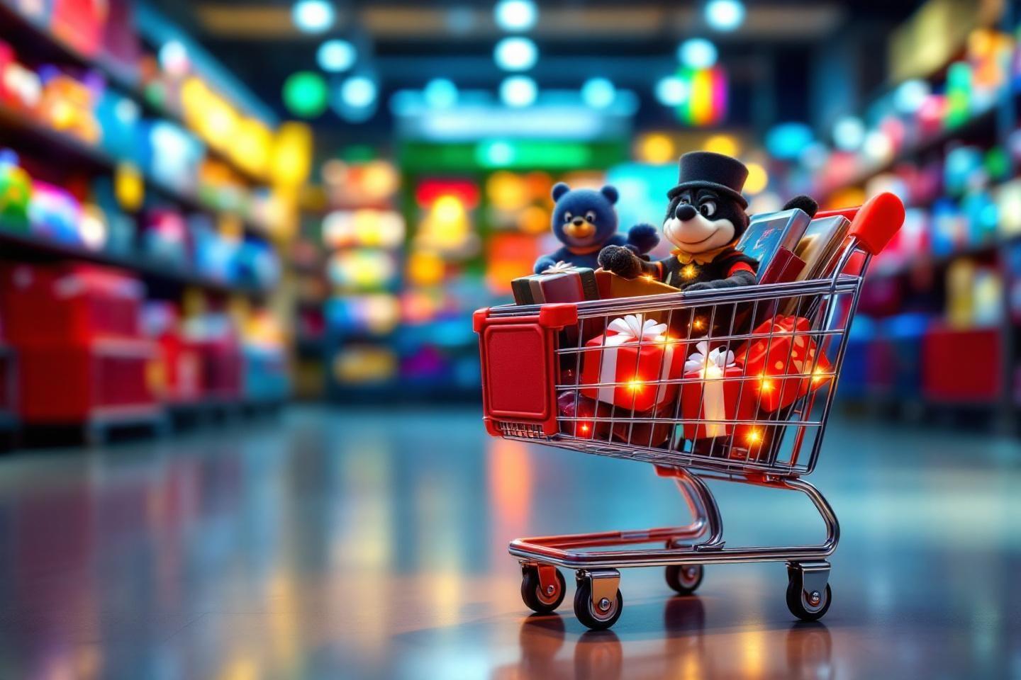 Chariot de supermarché avec des peluches et cadeaux lumineux