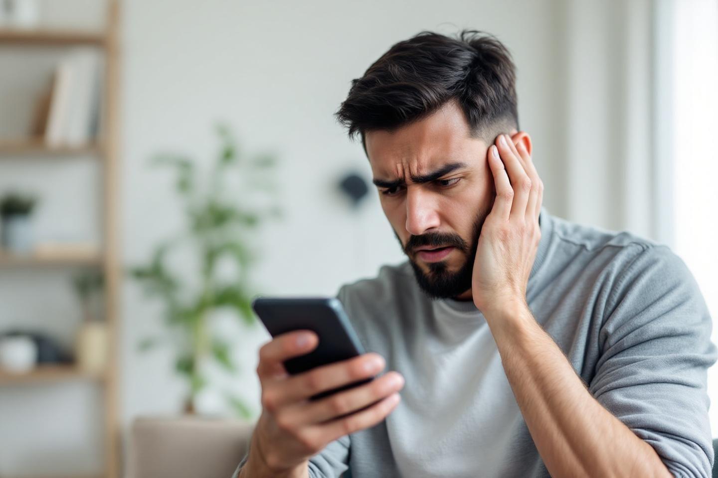Homme à la mine soucieuse regardant son smartphone