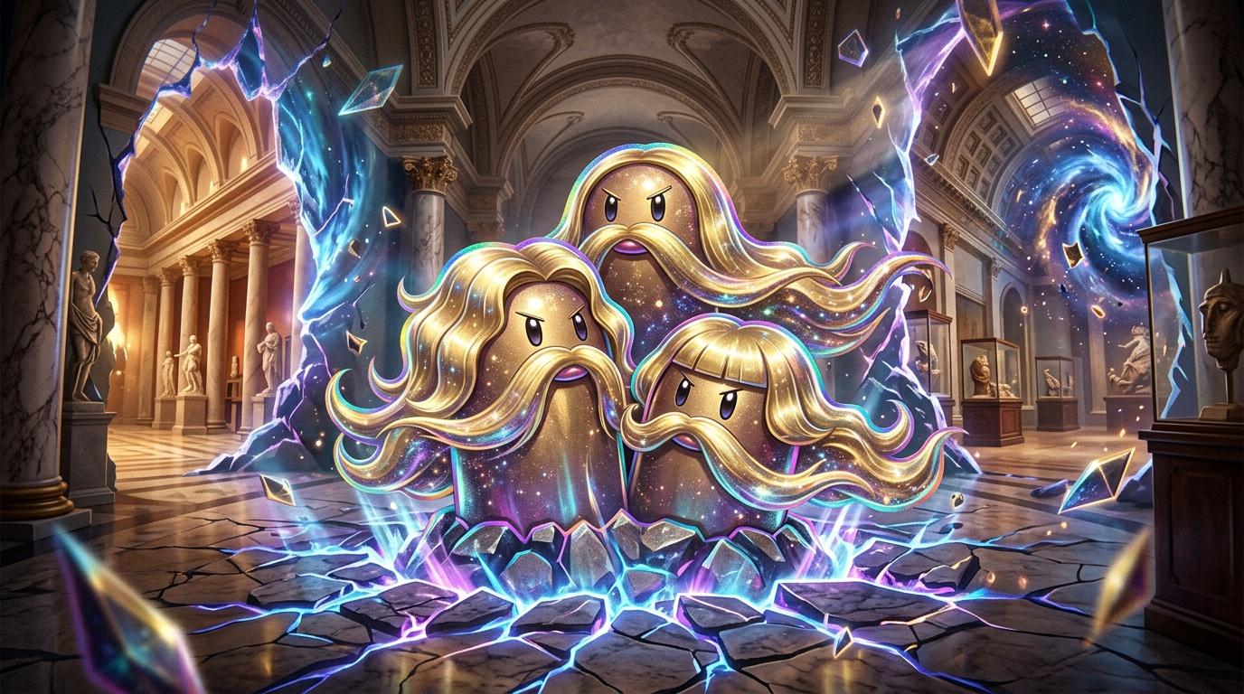 Trois créatures fantastiques dorées avec cheveux ondulants dans un temple majestueux illuminé par des éclairs bleus et violets