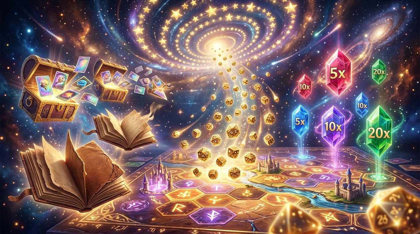 Monde fantastique avec dés dorés, livres magiques, châteaux et multiplicateurs de gains colorés.