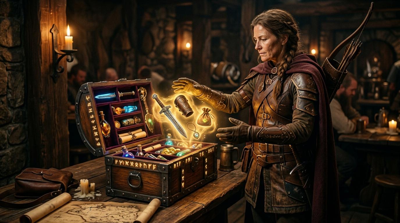 Femme guerrière présentant un coffre rempli d'objets magiques lumineux