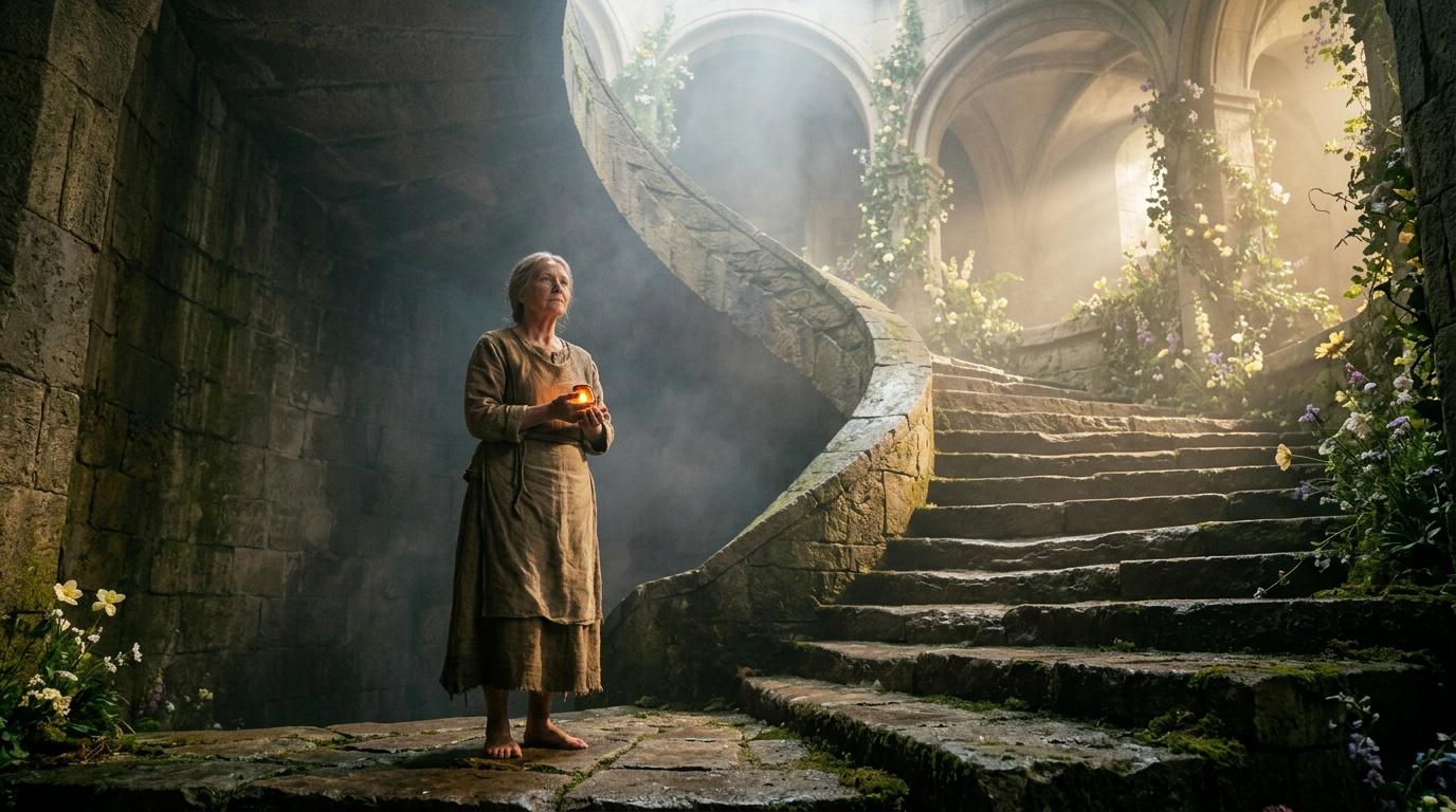 Femme &acirc;g&eacute;e tenant une chandelle dans des ruines historiques envahies de v&eacute;g&eacute;tation
