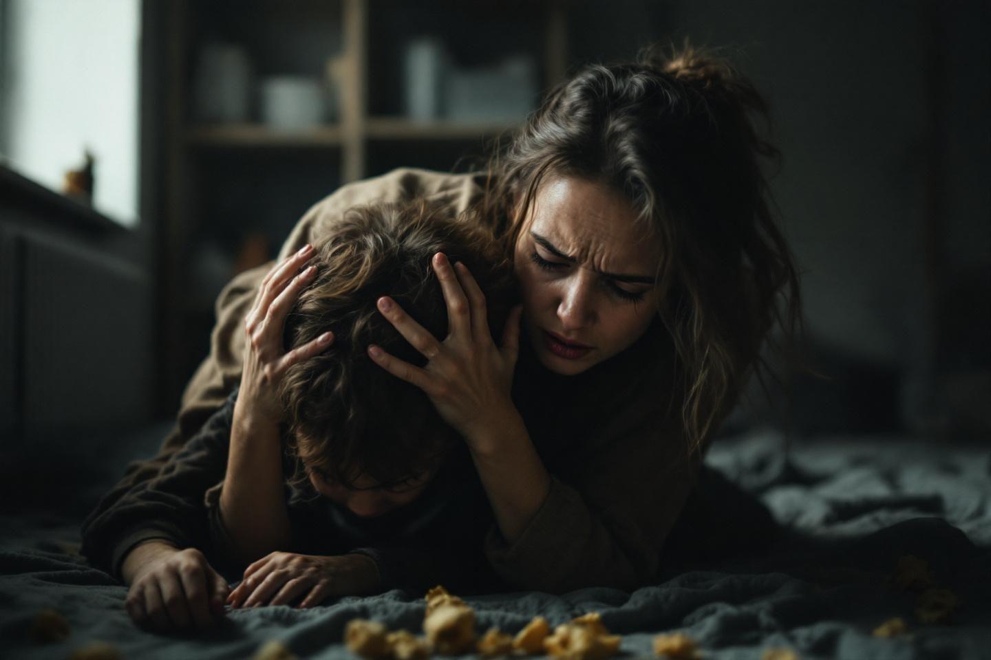 Femme réconfortant tendrement un enfant dans la pénombre