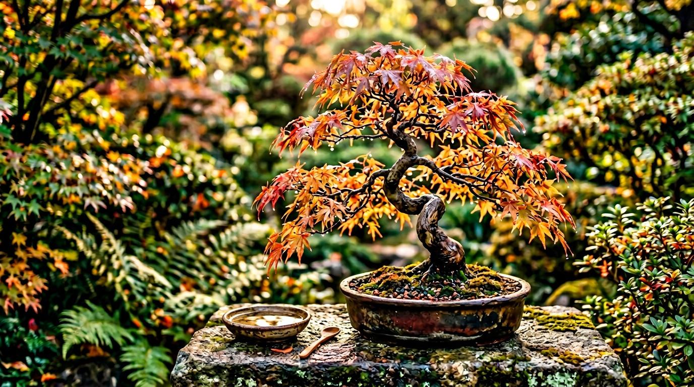 Bonsaï érable rouge automnal sur pierre, jardin flou arrière-plan