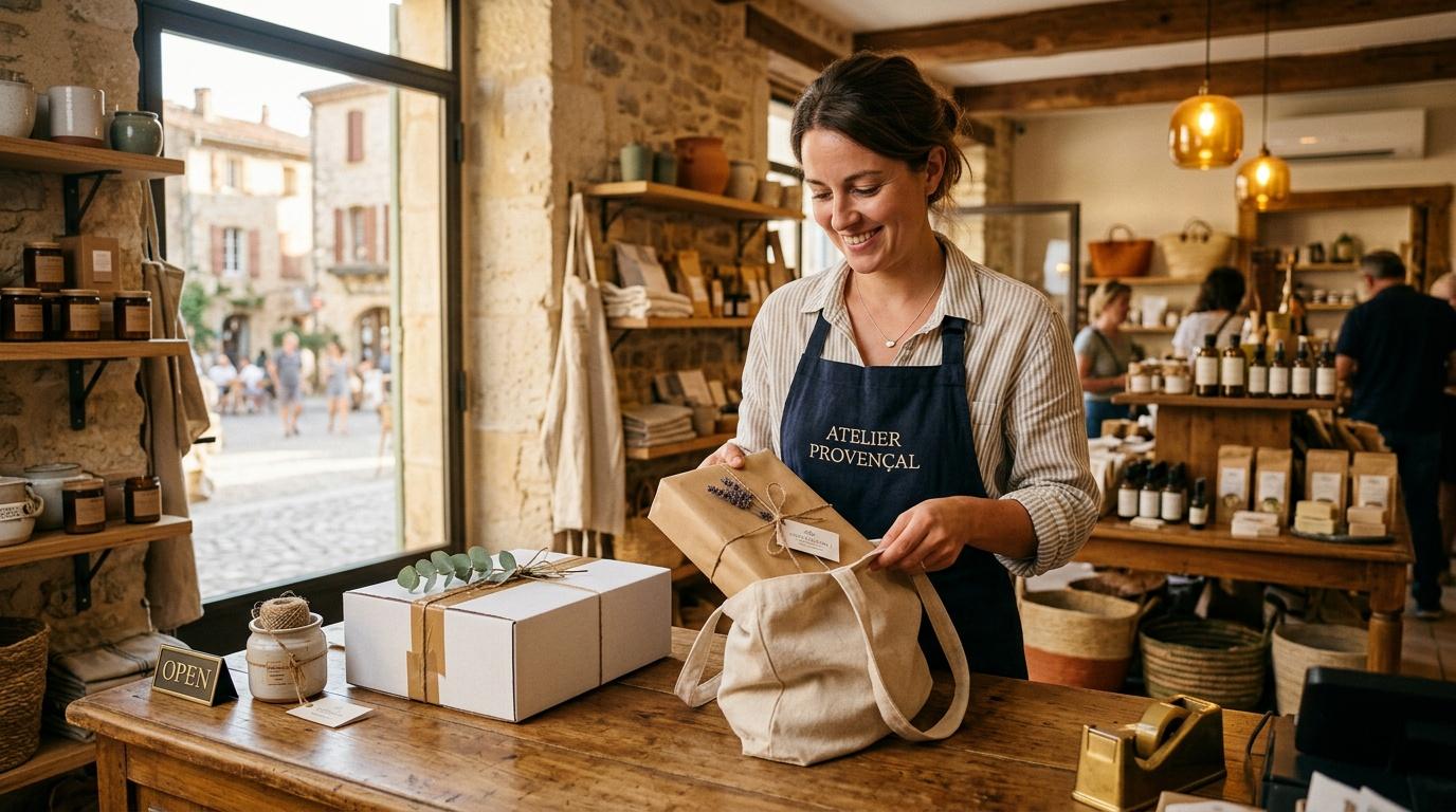 Vendeuse emballant un produit dans une boutique provençale