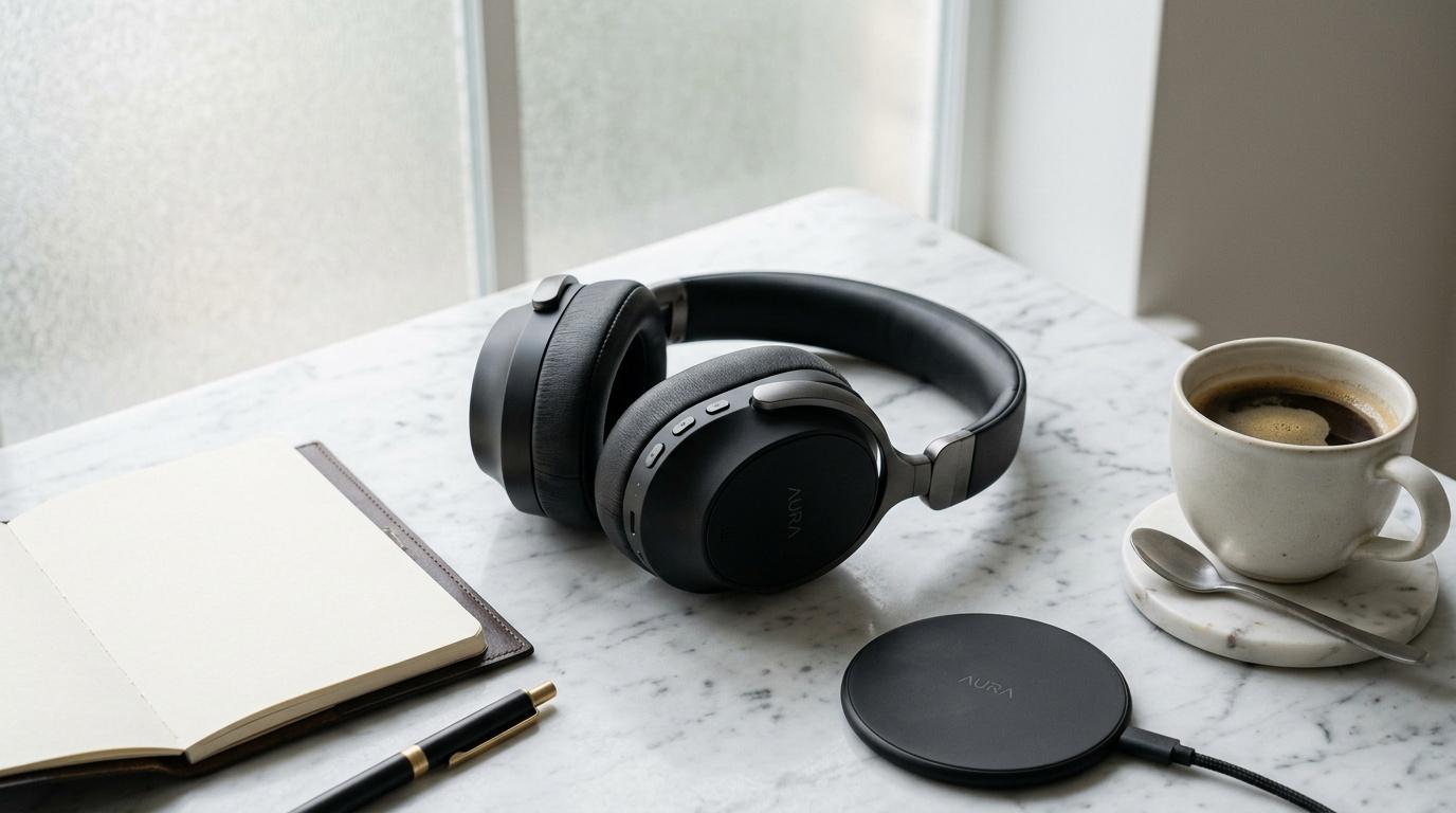 Casque noir sur bureau marbre avec café et carnet