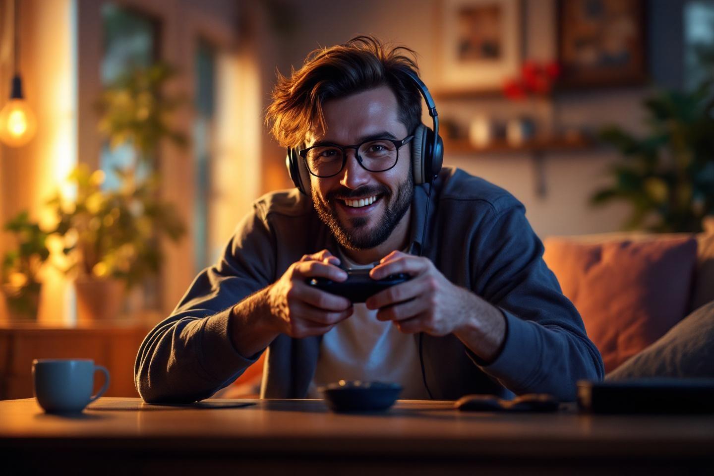 Joueur souriant avec casque et manette dans un salon