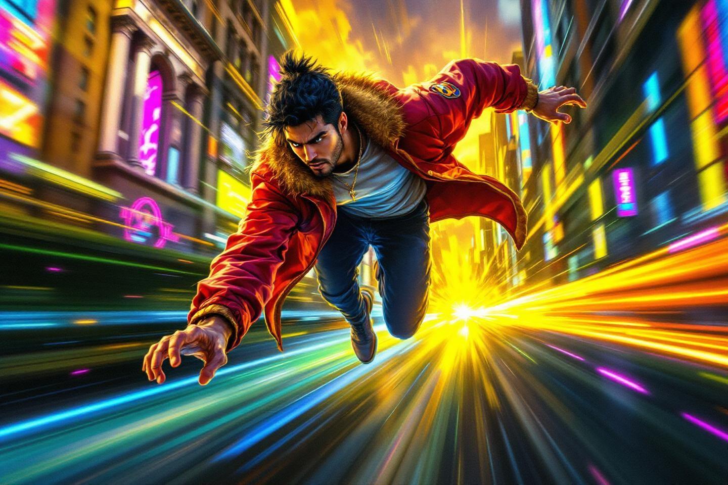 Personnage dynamique volant &agrave; travers une ville futuriste color&eacute;e