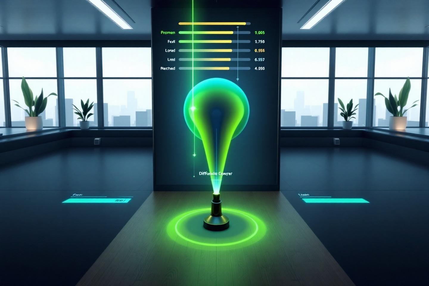 Hologramme vert de lightbulb avec graphiques de performance