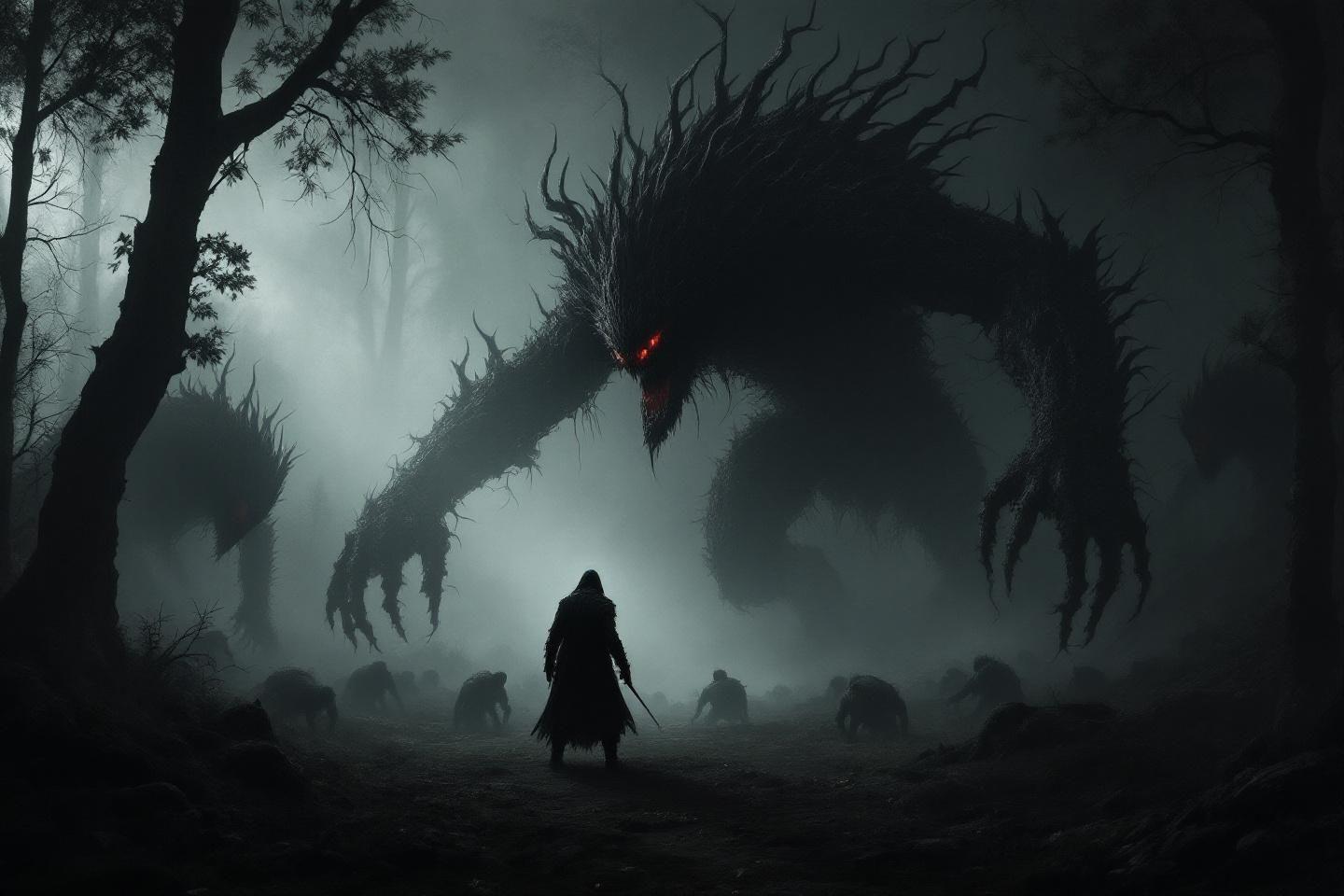 Silhouette solitaire face à des créatures menaçantes dans une forêt brumeuse
