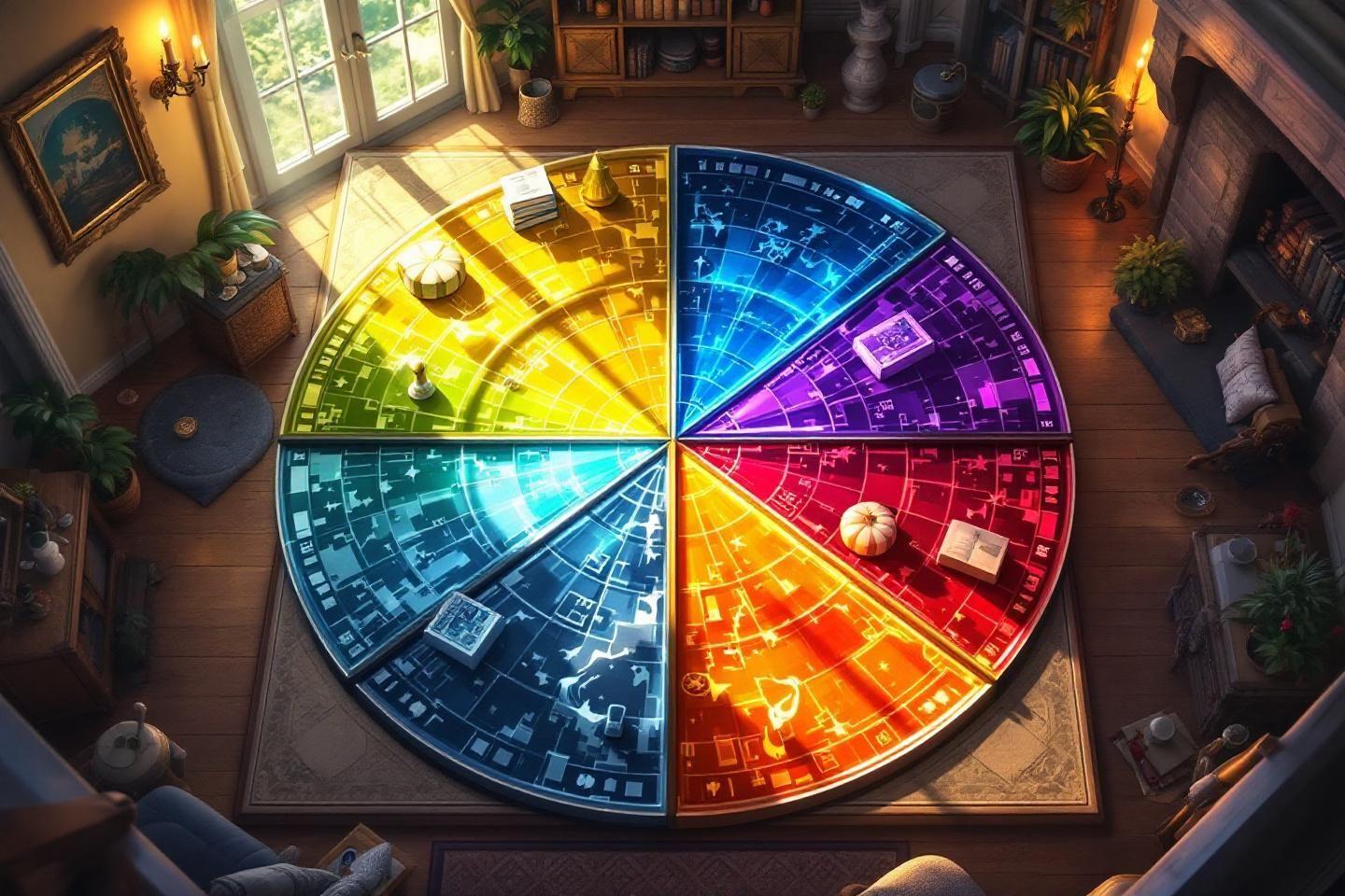 Cercle magique divisé en segments de couleurs arc-en-ciel