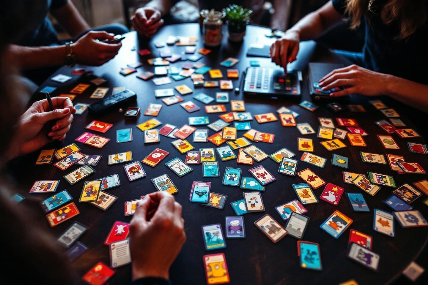 Plateau avec de nombreuses cartes colorées et mains de joueurs