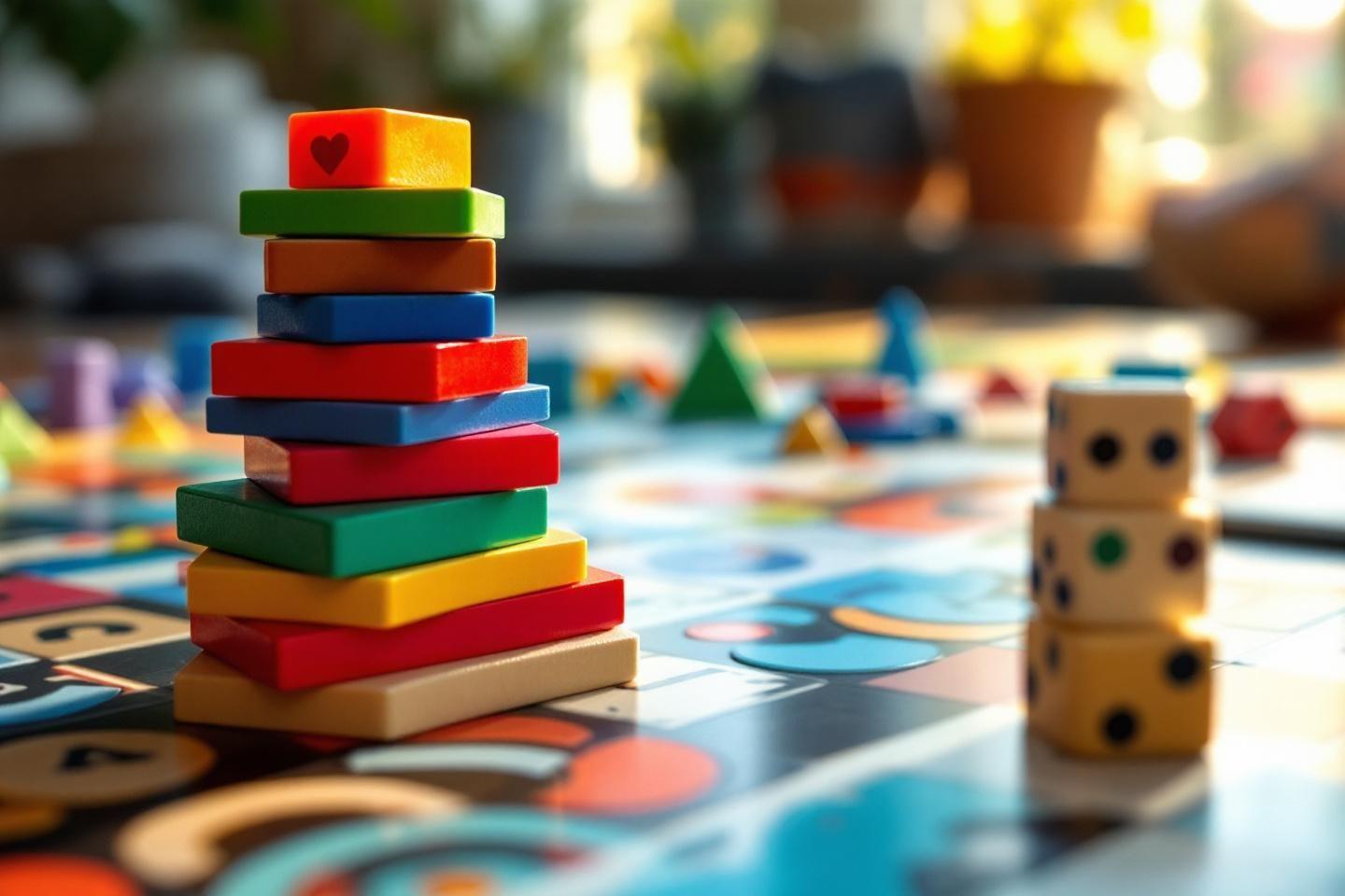 Blocs en bois multicolores empilés verticalement avec des dés