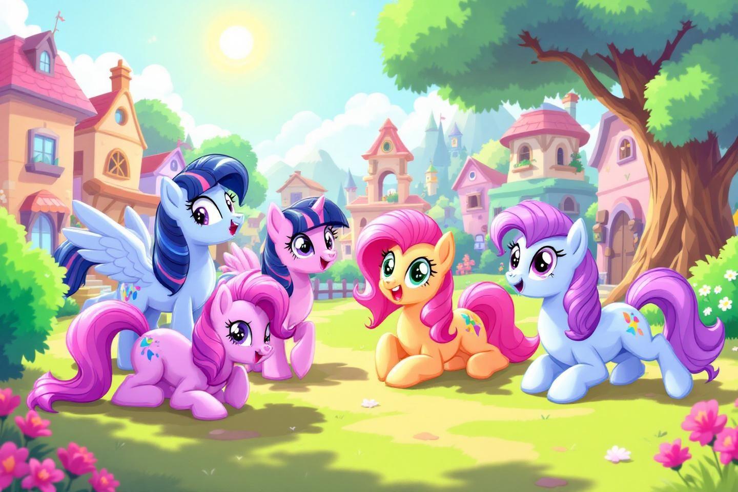 Cinq poneys animés dans un paysage verdoyant et lumineux