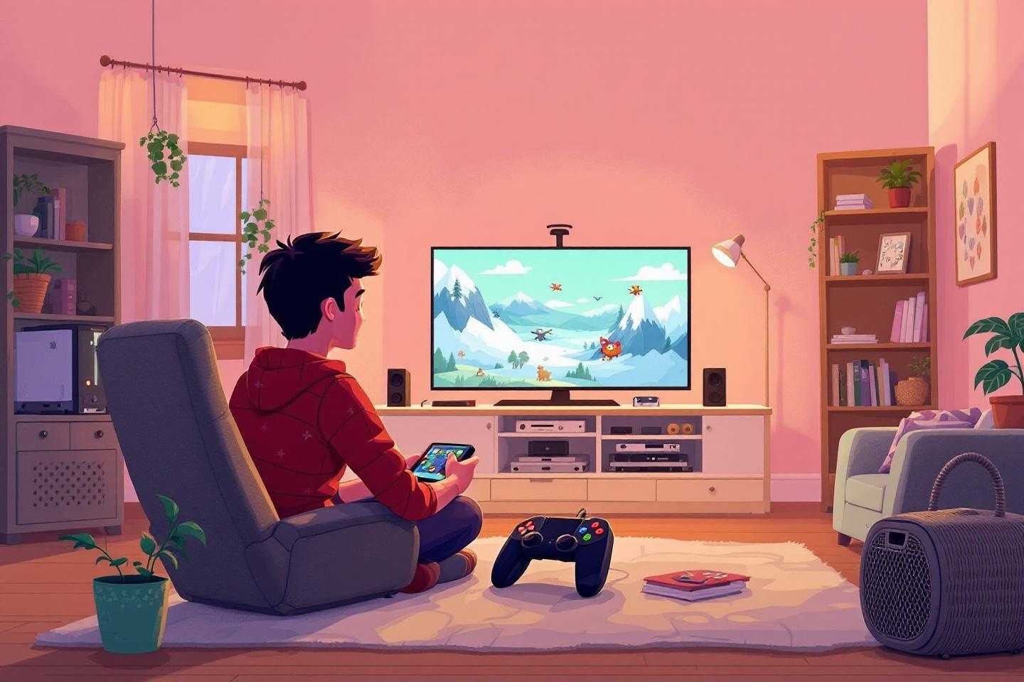 Joueur dans un salon chaleureux jouant à un jeu d'aventure