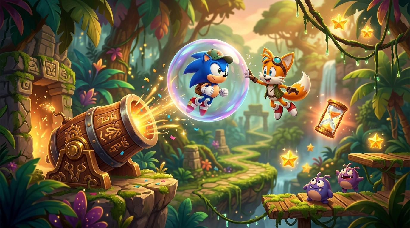 Sonic dans une bulle magique avec ses amis dans une jungle enchantée