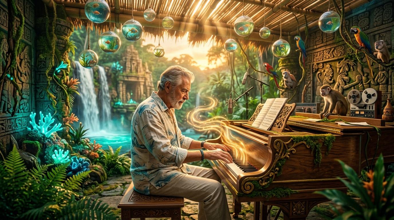 Homme âgé jouant du piano dans un temple luxuriant entouré d'animaux