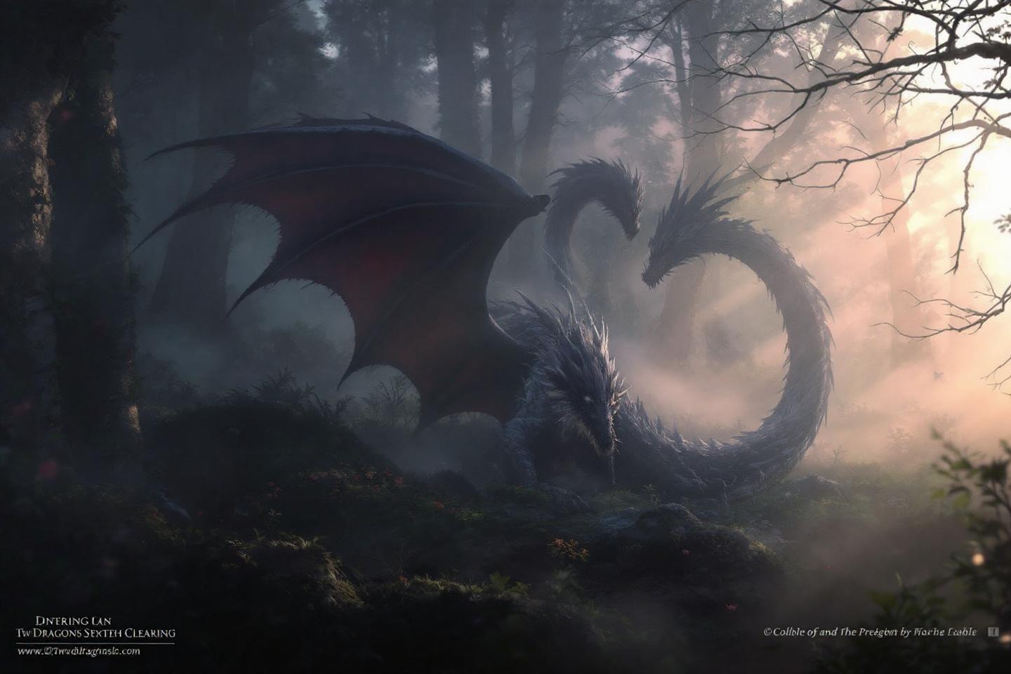 Deux dragons sombres dans une forêt brumeuse et mystique