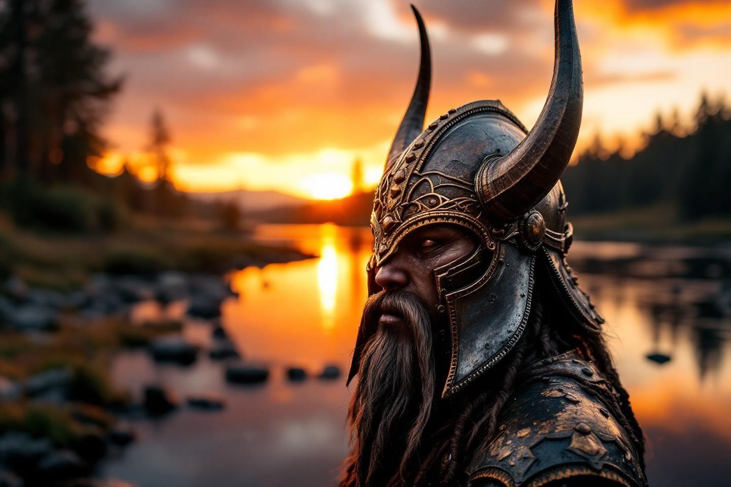 Guerrier viking casqué à cornes dans un paysage crépusculaire