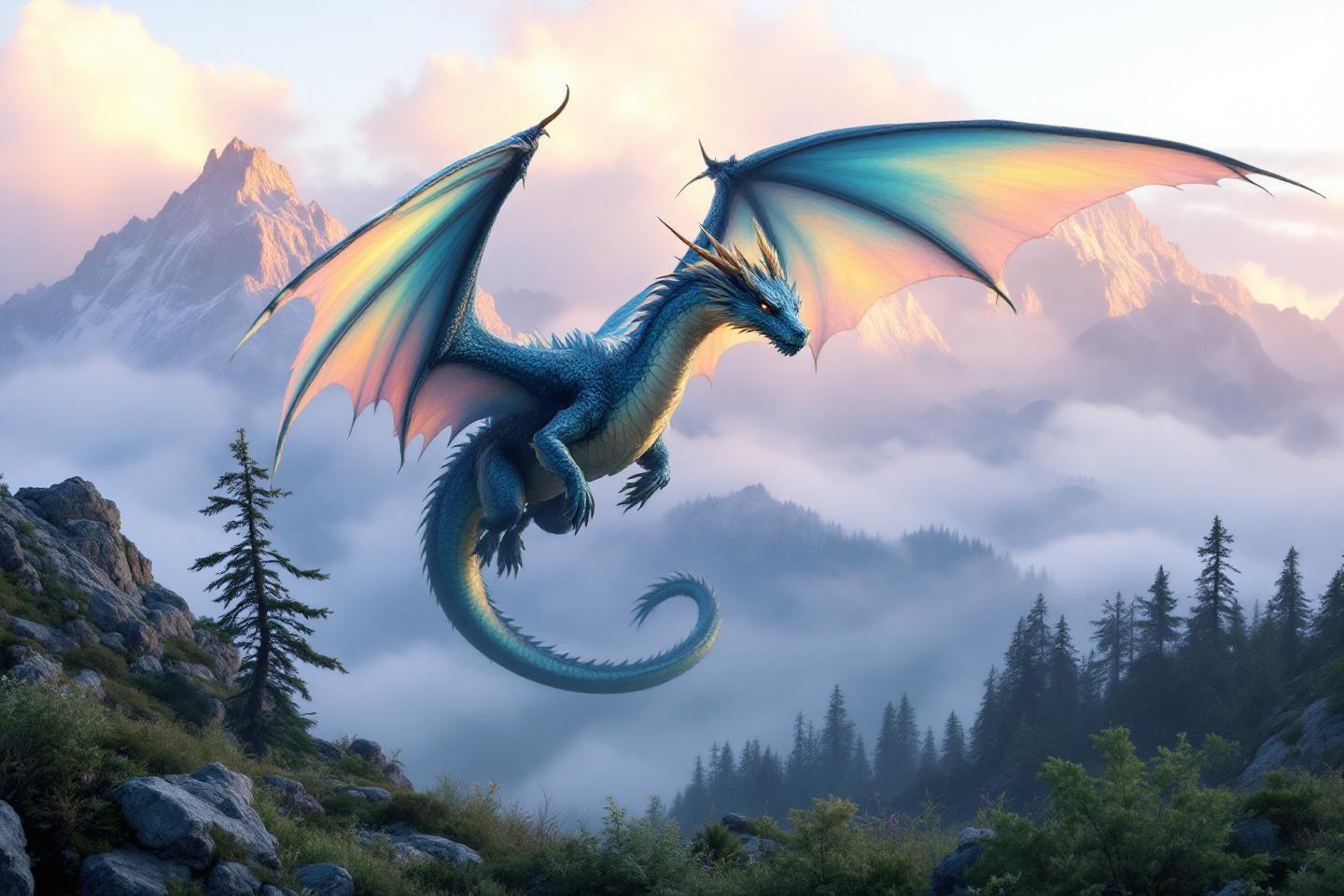 Dragon bleu aux ailes irisées survolant une forêt de montagne