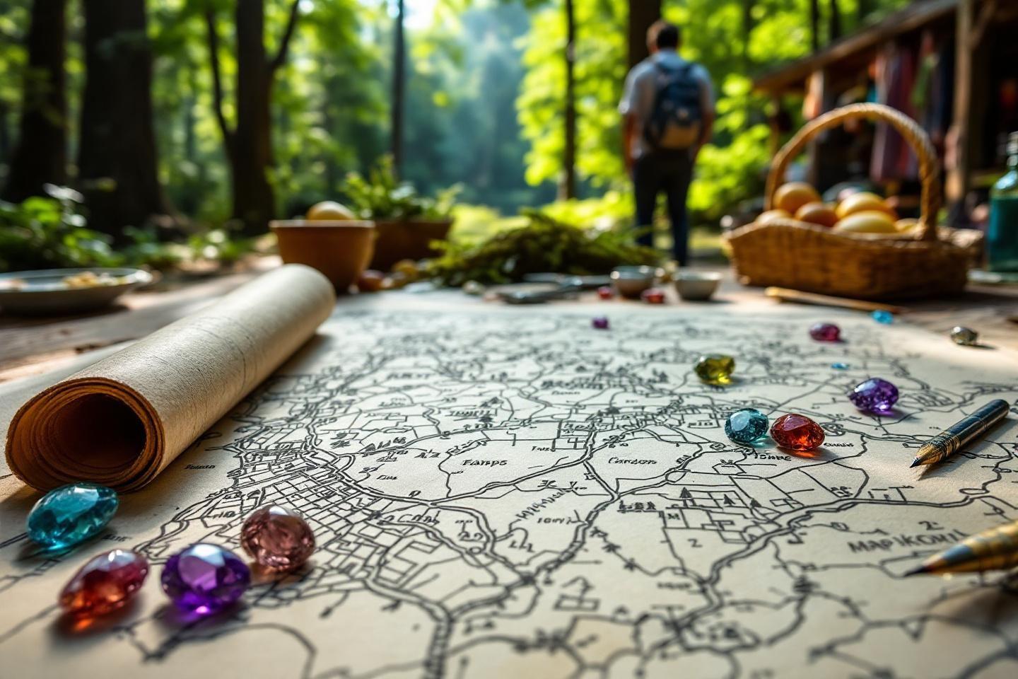 Carte avec pierres pr&eacute;cieuses et boussole en for&ecirc;t verdoyante
