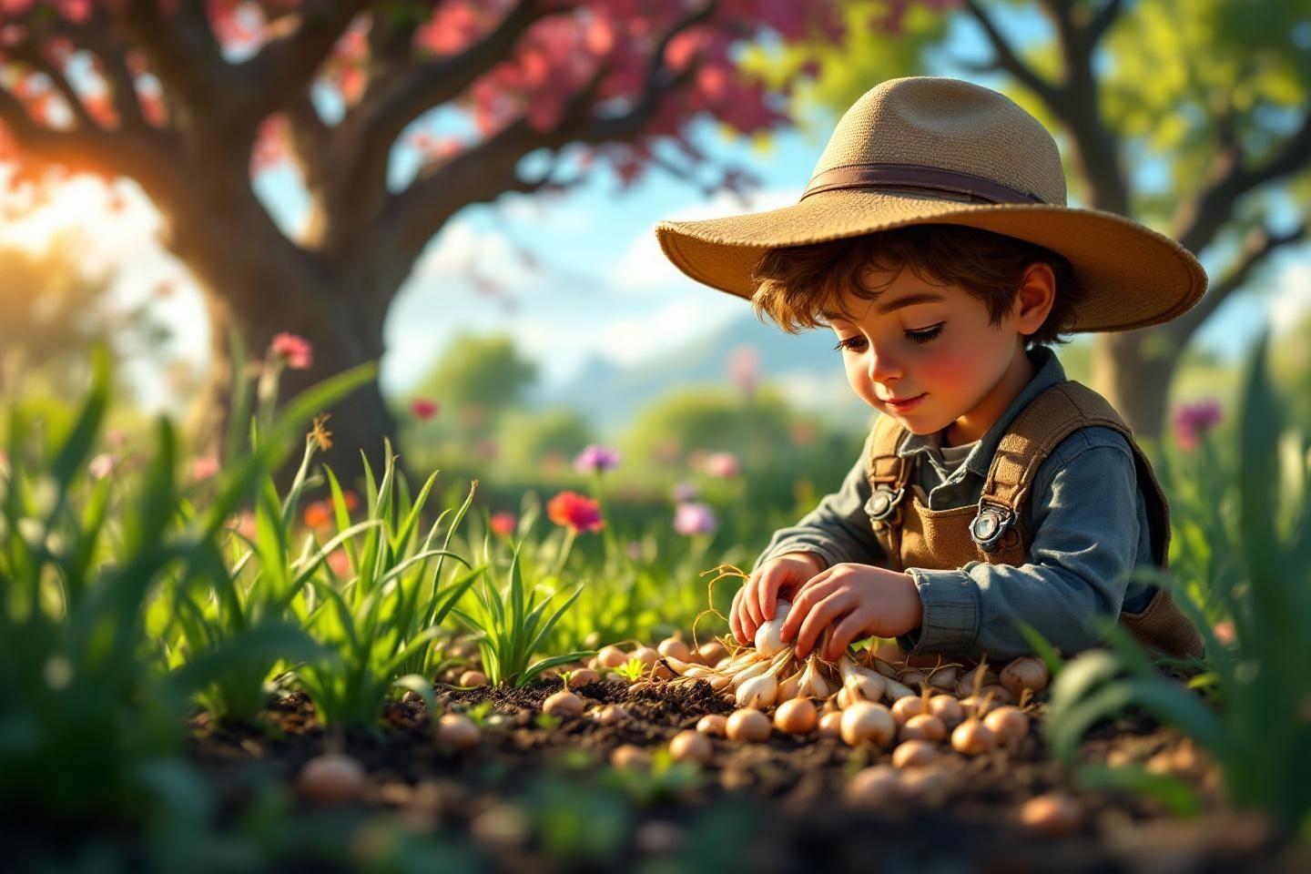 Enfant avec chapeau cultivant des oignons dans un jardin fleuri