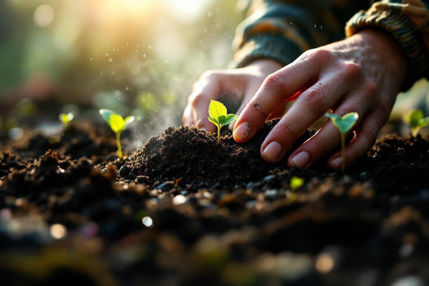 Main dans la terre pr&egrave;s de petites plantes vertes &eacute;mergentes