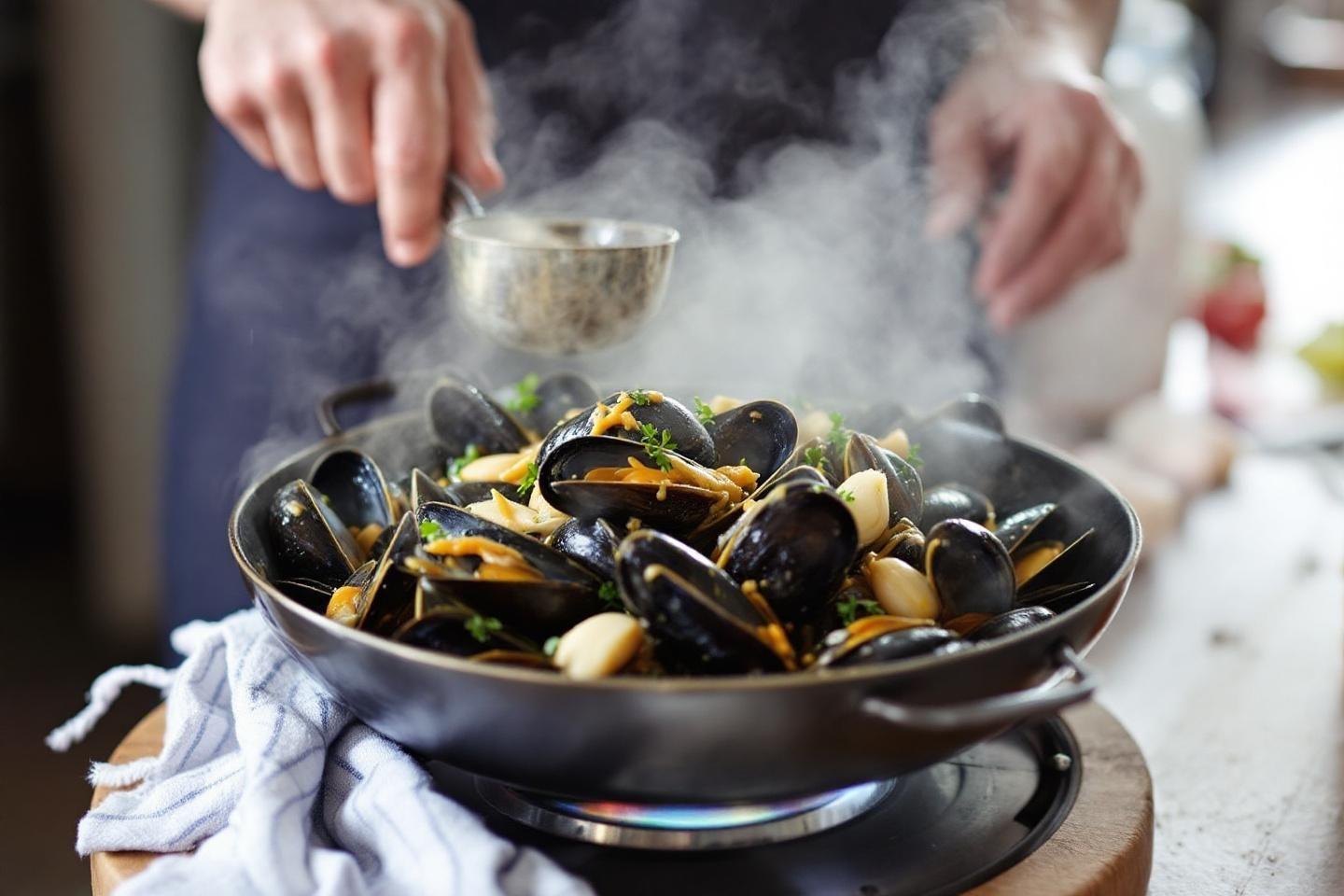 Moules noires vaporeuses cuisin&eacute;es avec des herbes fra&icirc;ches