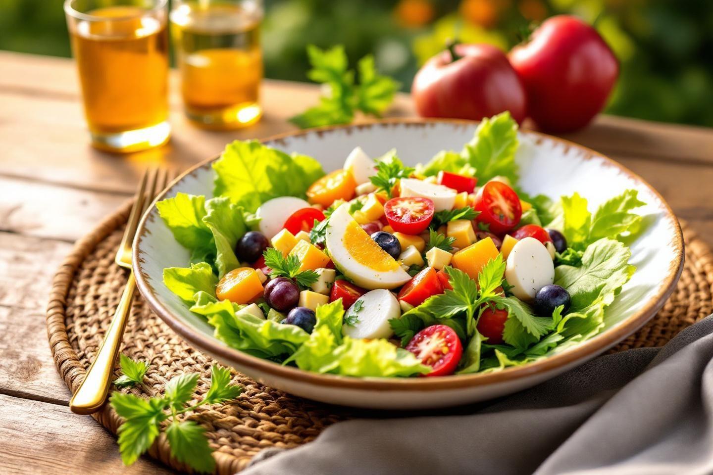 Assiette de salade fra&icirc;che avec &oelig;ufs, tomates et l&eacute;gumes