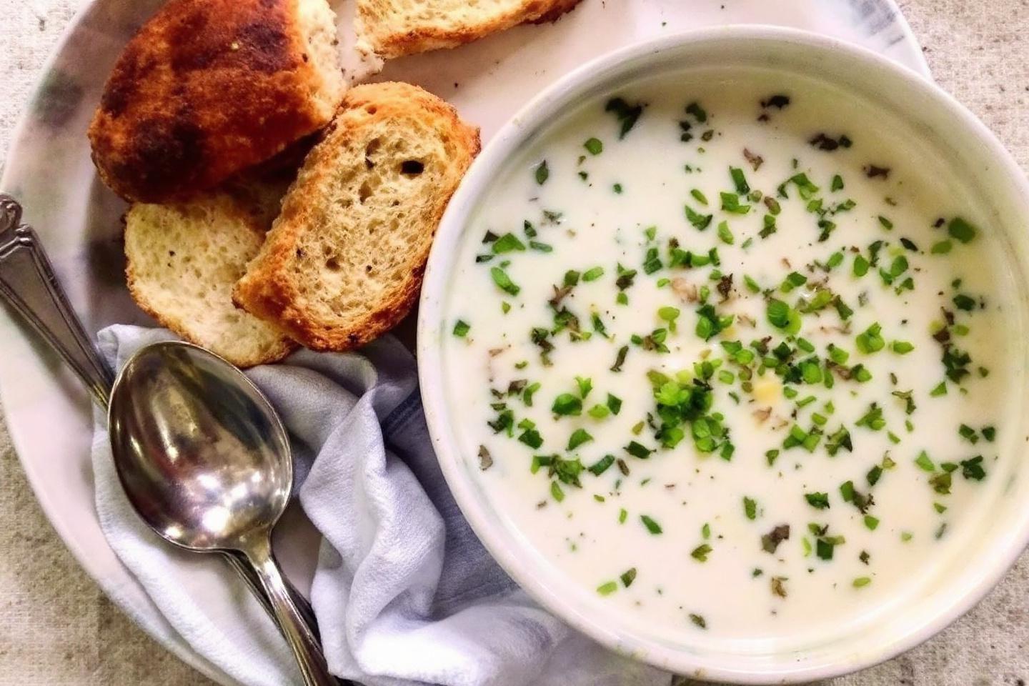 Bol de soupe blanche parsem&eacute;e d'herbes vertes et cro&ucirc;tons