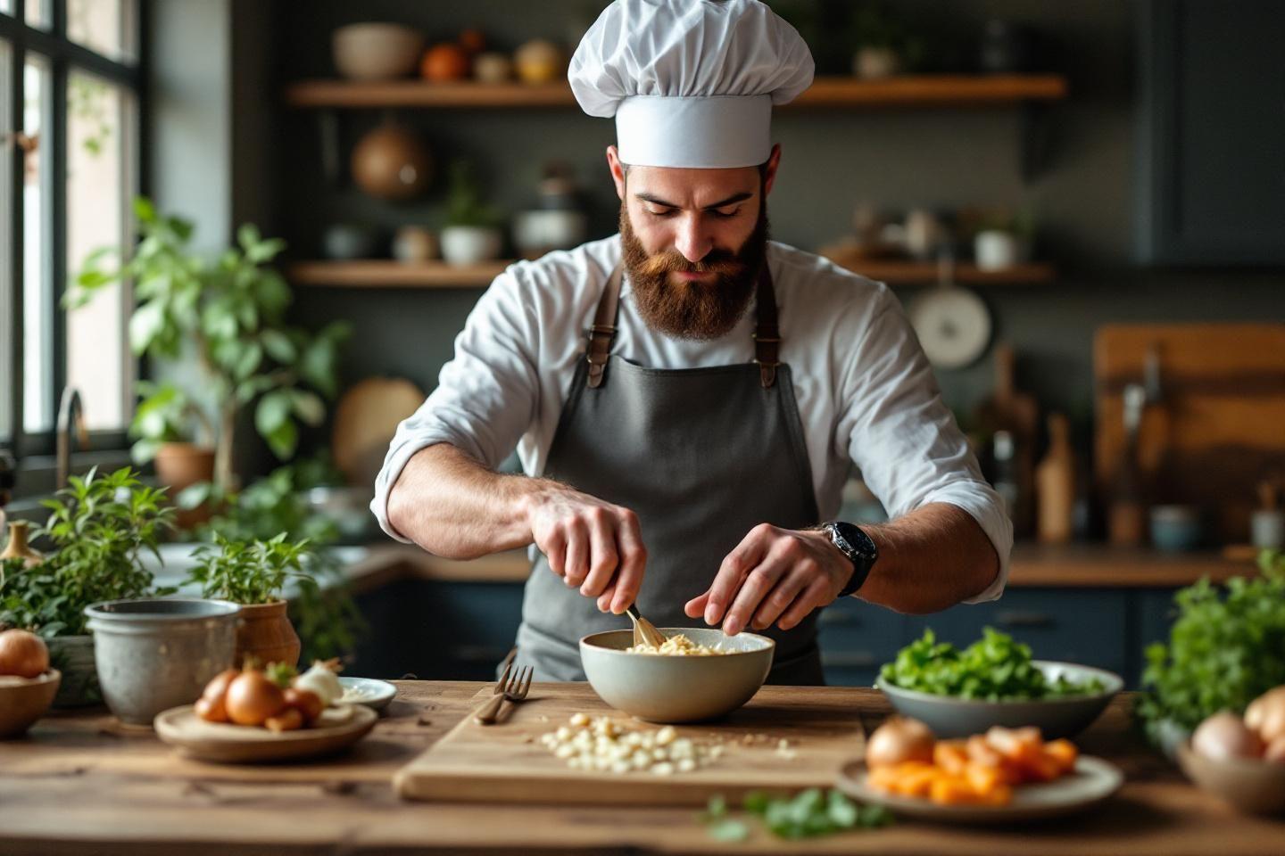 Cuisinier barbu en tablier travaillant dans une cuisine lumineuse