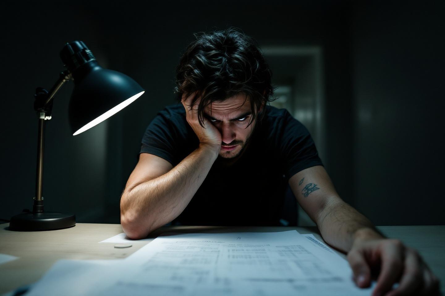 Un homme fatigu&eacute; pench&eacute; sur des documents sous une lampe