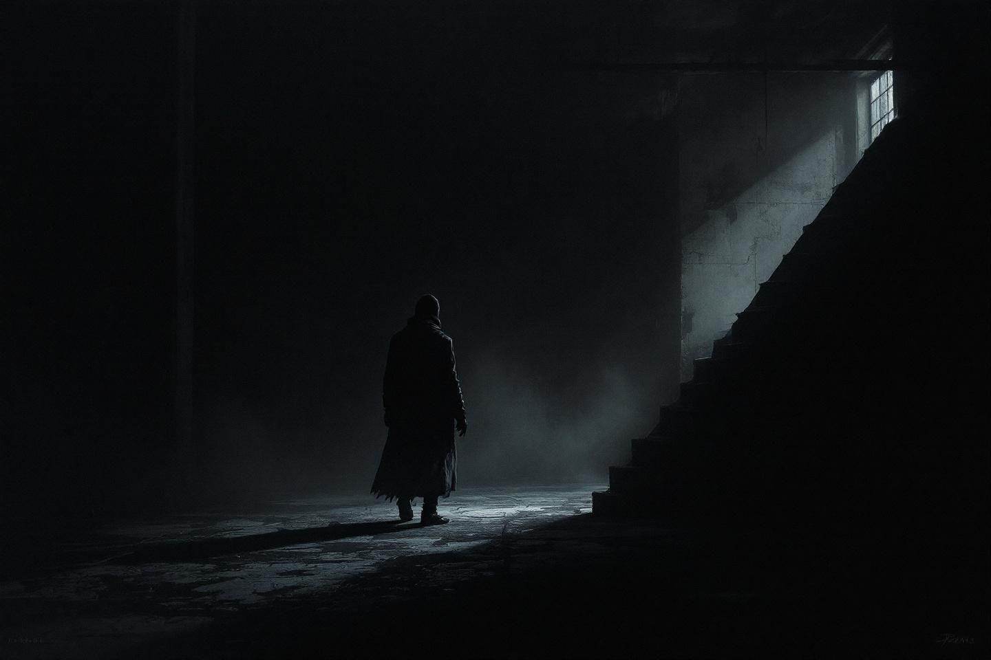 Silhouette solitaire dans un couloir sombre avec un rayon de lumière