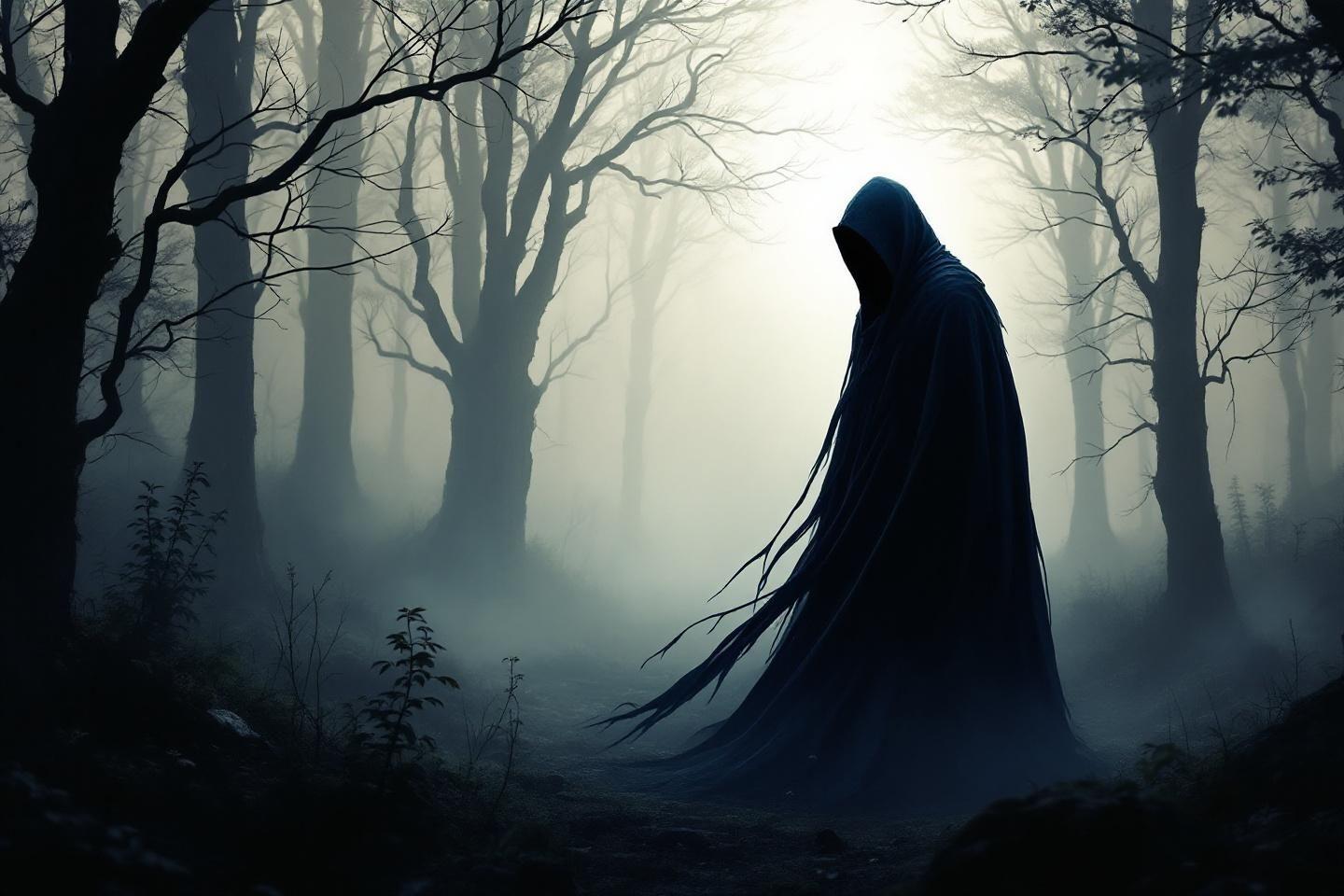 Silhouette encapuchonnée dans une forêt brumeuse et sombre