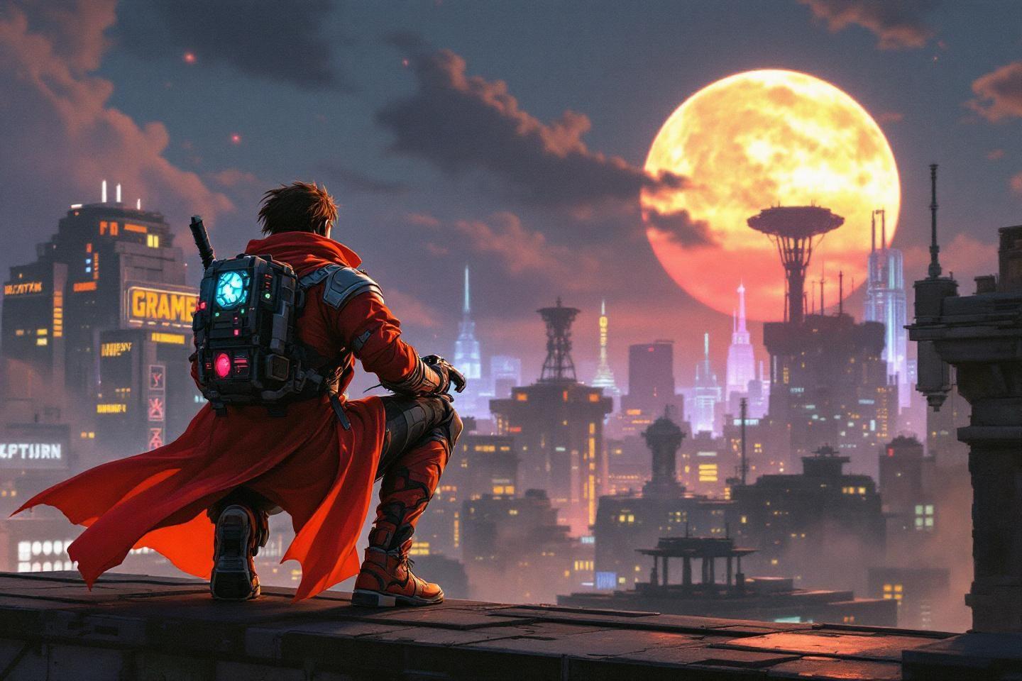Personnage à cape rouge contemplant une métropole cyberpunk nocturne