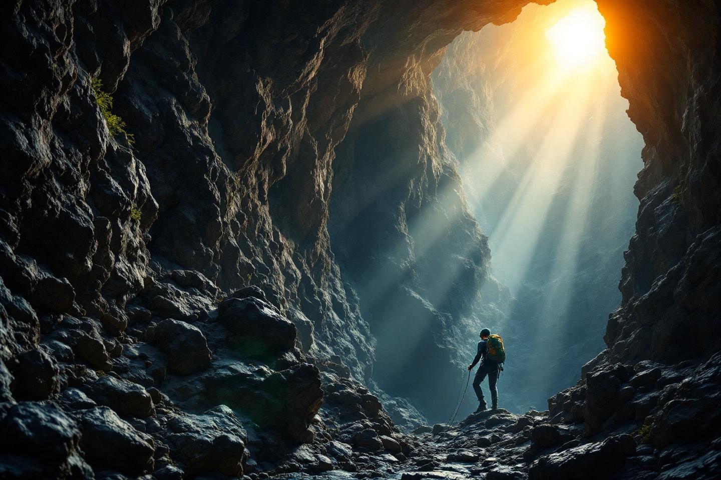Randonneur solitaire dans une grotte avec un rayon de lumière