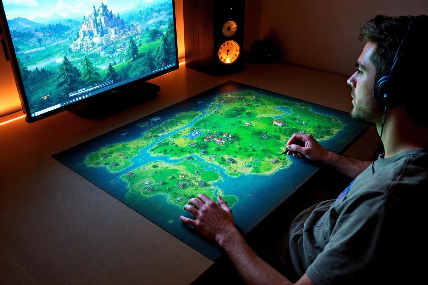 Joueur avec &eacute;couteurs interagissant avec une carte de jeu lumineuse