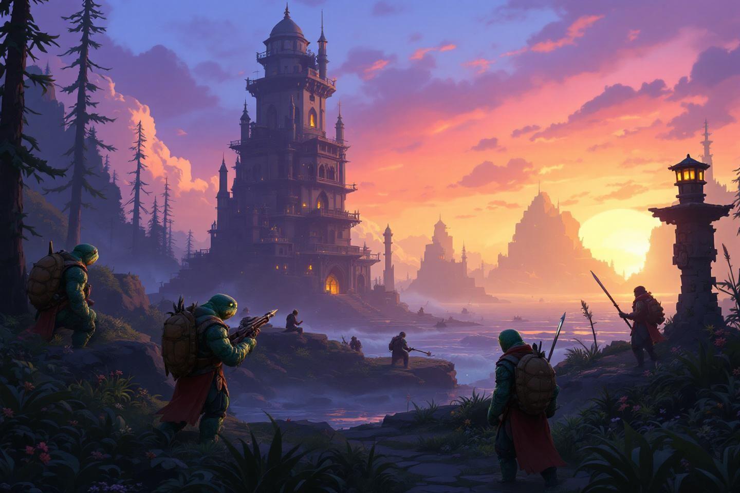 Guerriers dans un paysage fantastique devant un grand ch&acirc;teau