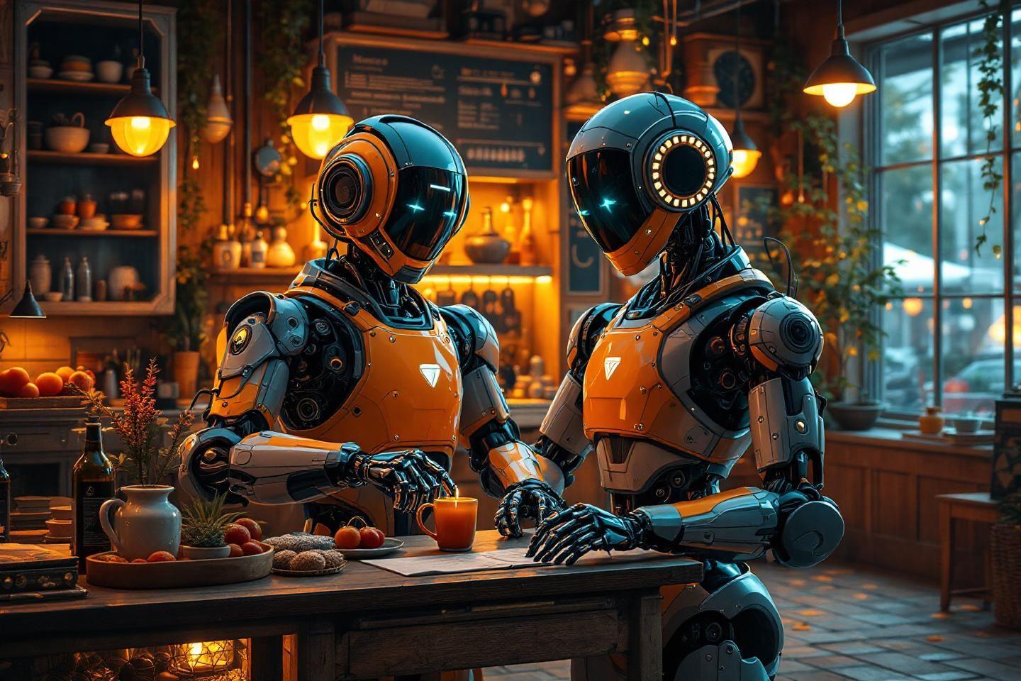 Deux robots high-tech partagent un moment dans une cuisine chaleureuse